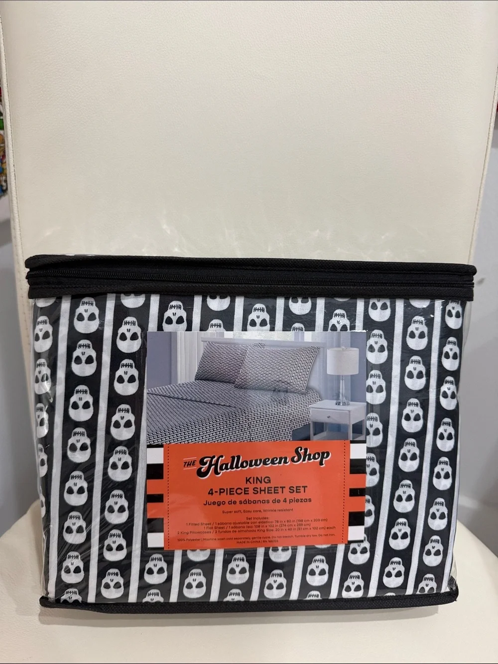 The Halloween Shop Black & White Skull Pattern KING Sheet Set